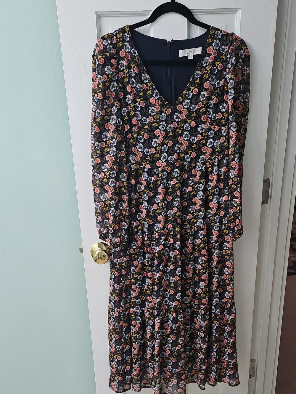 LOFT Black Floral V-Neck Long Sleeve Midi Dress